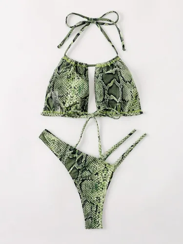 Vista 2 de WDIRARA Traje de baño de dos piezas con estampado de piel de serpiente para mujer