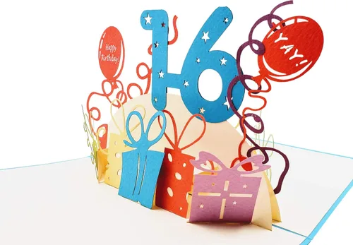 Vista 3 de iGifts And Cards Tarjeta desplegable 3D de cumpleaños de 16 años, regalos coloridos y escena de celebración de globos, divertido saludo