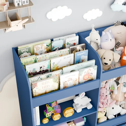 Vista 7 de Organizador de juguetes para niños de 61 pulgadas de ancho con almacenamiento de animales de peluche, estantería Montessori con 4 compartimentos