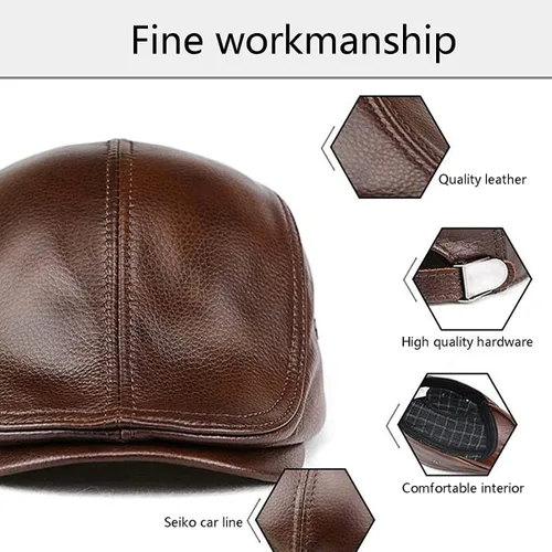 Vista 4 de Sombrero ajustable de hombre estilo Newsboy con boina, sombrero de cuero genuino para conducir, caza, pesca, gorra Ivy de moda, sombrero plano