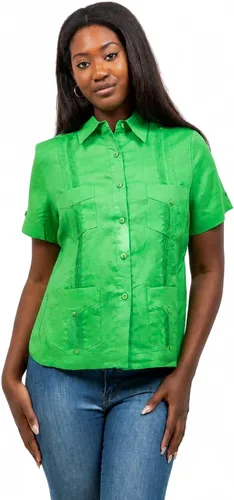 Vista 8 de Mojito Collection Camisa Guayabera tradicional de manga corta para mujer 100% lino Aguamarina