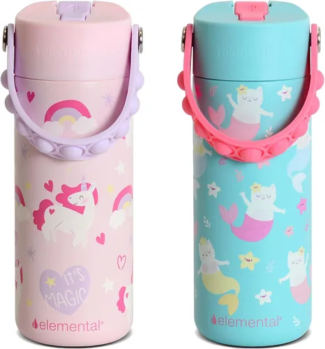 Vista 43 de Elemental Botella de agua aislada para niños, botella de agua de acero inoxidable con tapa de popote y asa Pop-it, botellas de agua a prueba