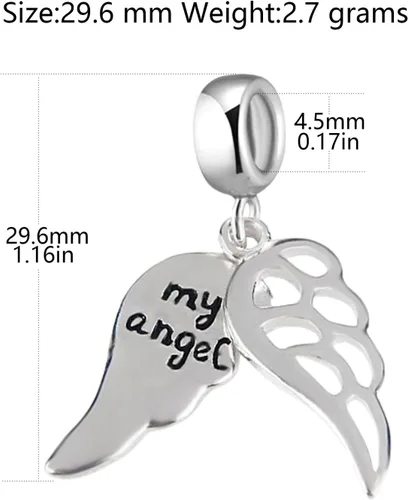 Vista 2 de LAMOONY Abalorio de ala de ángel de plata de ley 925 con plumas para pulsera, Plata esterlina, plata de ley