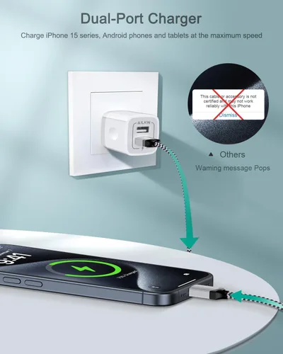 Vista 15 de AILKIN - Cargadores para iPhone con certificación MFI, cable Lightning trenzado de 6 pies de largo USB Wall Charger, Fast Charging Power Cord Plug