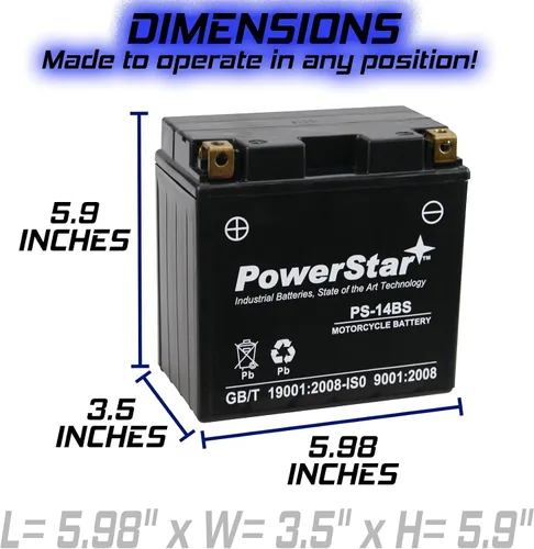 Vista 7 de PowerStar YTX14-BS, YTX14, KMX14-BS, FTX14-BS Batería de repuesto 200cca Alto rendimiento WP14-BS sellado AGM para Powersports