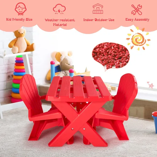 Vista 4 de COSTWAY Juego de mesa y silla para exteriores para niños, mesa de juego para niños con 2 sillas Adirondack, 3 muebles de patio trasero para niños