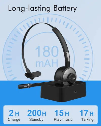 Vista 6 de HUAKUA Auriculares Bluetooth con micrófono, auriculares de camionero de una sola oreja con cancelación de ruido, auriculares inalámbricos