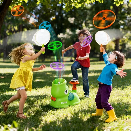 Vista 9 de CPSYUB Lanzador de disco volador para exteriores, juguetes de brinco para niños de 3, 4, 5, 6, 7, 8, 9, 10 años, juego de atrapar mariposas