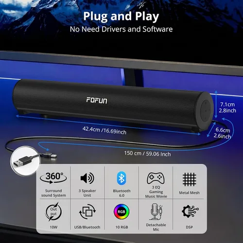 Vista 8 de Altavoces de computadora con micrófono desmontable, barra de sonido USB-A Plug and Play, altavoces de escritorio 3EQ, accesorios de PC y modo