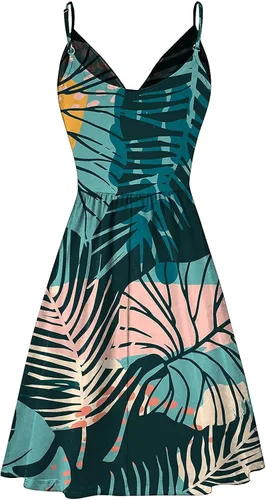 Vista 5 de Vestido de tirantes con cuello en V para mujer, sin mangas, estampado floral, vestido de verano sexy con dobladillo con volantes, vestido holgado