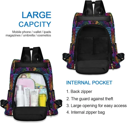 Vista 5 de senya Mochila de moda para mujer, mochila étnica de libélula colorida arcoíris para mujeres y niñas, Libélula étnica, Mochilas Daypack