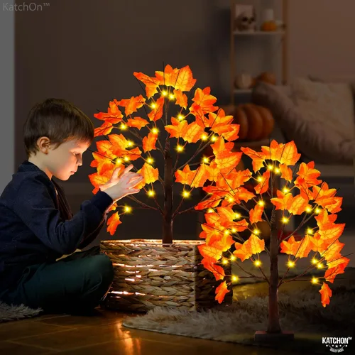 Vista 4 de KatchOn Árboles de arce artificiales con luces de 24 pulgadas, paquete de 2