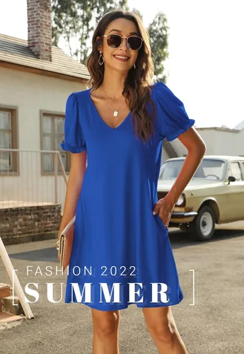 Vista 2 de Aloodor Vestido casual de manga corta con cuello en V y bolsillos para mujer