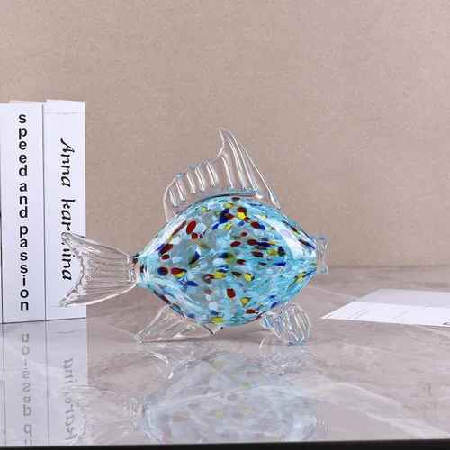 Vista 6 de Figura grande de pez de vidrio para decoración del hogar, estatua de animales marinos de vidrio soplado a mano, escultura decorativa con temática
