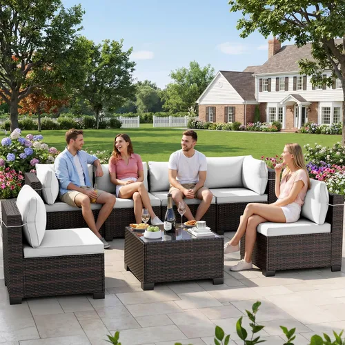 Vista 7 de CHABATREE Juego de 7 muebles de patio al aire libre, juego seccional de conversación de ratán, sofá de mimbre de tejido manual con mesa de té