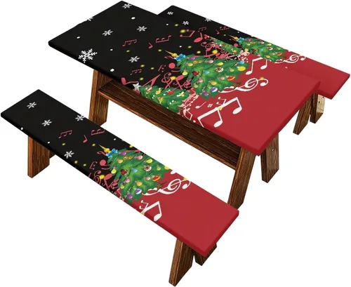 Vista 37 de Juego de 3 calcetines de árbol de Navidad de dibujos animados y galletas, funda de mesa de picnic ajustable con funda de banco, manteles Calcetines
