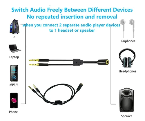 Vista 3 de Divisor Y de Audio para Auriculares 3.5mm1Hembra a 2Macho TRS Cable 19.68in