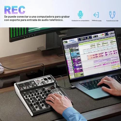 Vista 7 de Interfaz de audio de 4 canales, mezclador de DJ, tablero de sonido, efecto DSP de 16 bits, efectos de mezclador de audio USB, +48 V Phantom