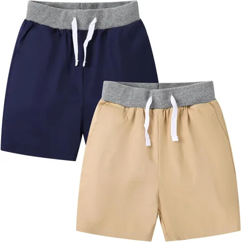 Vista 2 de HILEELANG Pantalones cortos chinos de verano para niños pequeños, de algodón, elásticos, con cordón, para uniforme escolar, 2 unidades 2401#bluekhaki