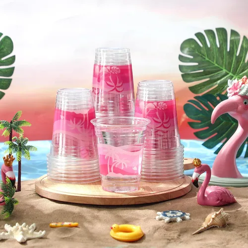Vista 4 de Rtteri 100 vasos Luau de 12 onzas, vasos de plástico hawaiano tropical para fiesta, a granel, vasos desechables de palmera de coco y coco