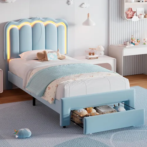 Vista 12 de Marco de cama LED tapizado individual con cajón de almacenamiento y cabecera doble ondulada ajustable, cama de plataforma de terciopelo