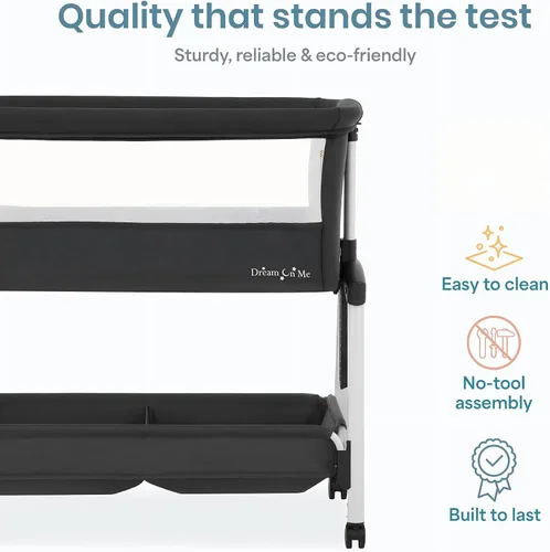 Vista 9 de Dream On Me Calypso - Cuna portátil plegable, color negro 7-Level Height Adjustable with Lockable Wheels, Aluminum Frame, Dual-Zone Storage Basket