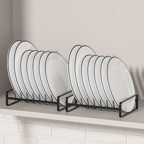 Vista 9 de Estante de secado de metal, paquete de 3 organizadores de platos interiores para gabinetes, estantes verticales para encimera y armario, gran Negro