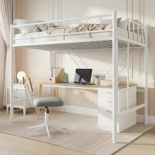 Vista 9 de Garvee Twin Size Loft Bed, Heavy Duty Metal Frame with Arched Guardrail, Flat Ladder Rung, and Steel Slat Support, No Box Spring Required, Space