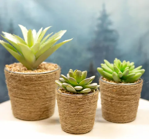 Vista 3 de Ebros Gift Juego de 3 plantas suculentas botánicas artificiales realistas de tamaños escalonados en macetas envueltas en yute, plantas sintéticas