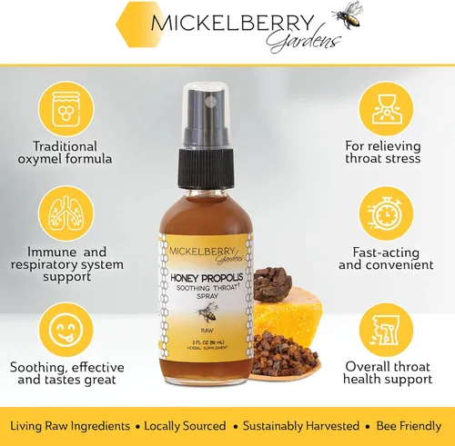 Vista 2 de Mickelberry Gardens Honey Propolis - Espray para la garganta, alivio calmante del dolor de garganta y apoyo inmunológico de propóleos, fórmula