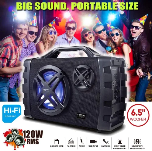 Vista 4 de NEM Mobi7e Altavoz estéreo portátil inalámbrico Bluetooth de alto rendimiento con graves extra, grabación USB, batería recargable, entrada de Negro