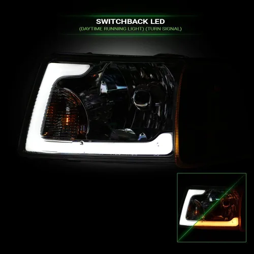Vista 5 de Switchback - Barra de tubo LED secuencial con carcasa cromada, faros delanteros de cristal con lámparas de esquina de señal, reflector ámbar, 4