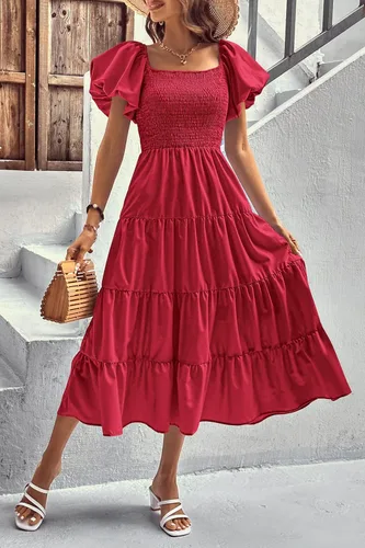 Vista 9 de PRETTYGARDEN Vestido midi casual de verano para mujer, manga corta, cuello cuadrado, fruncido, con volantes