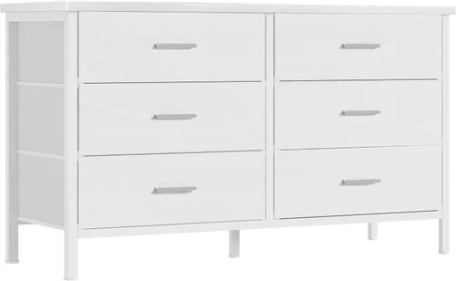 Vista 8 de BOLUO Cómoda blanca para dormitorio, 6 cajones, soporte de TV ancho para aparadores de TV de 50 pulgadas y cajoneras de tela para armario moderno