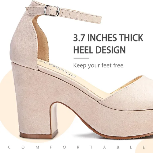 Vista 4 de CAMSSOO Sandalias de plataforma para mujer, de gamuza, con puntera abierta, correa al tobillo, a la moda, sexy, para boda, con bloques de tacón