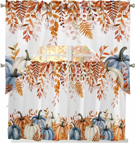 Vista 31 de Thanksgiving Fall Swag Kitchen Curtain Sets with Valance, Orange White Pumpkins 3 Pieces Curtain Drapes Rod Pocket for Bedroom Living Room Bathroom