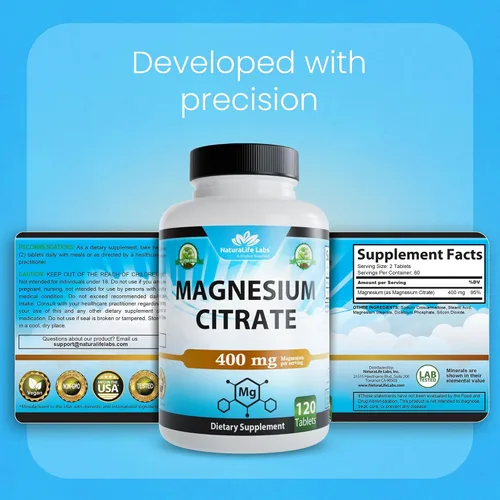Vista 8 de Citrato de magnesio 400 mg - 120 comprimidos alivio del estrés de alta potencia, apoyo para la relajación del sueño, apoya la función nerviosa