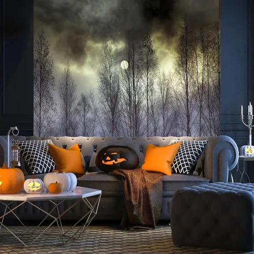 Vista 6 de Yeele Telón de fondo de Halloween, noche negra, nubes aterradoras, luna llena, bosque salvaje, fondo de vinilo para fotografía, telón de fondo