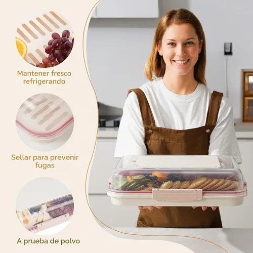 Vista 3 de Recipiente de almacenamiento de alimentos con tapa para tabla de cortar, bandeja de aperitivos con compartimento para bolsa de hielo y divisor Crema