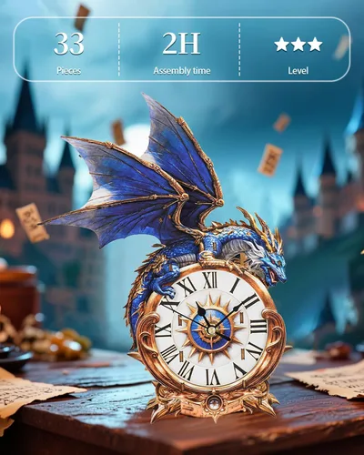 Vista 7 de Rompecabezas de madera 3D para adultos, kit de modelo de reloj de dragón azul con péndulo, rompecabezas 3D para adultos, kit de reloj de pared DIY