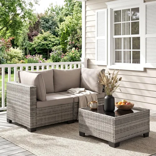 Vista 20 de ANJ Juego de muebles de mimbre para patio de 3 piezas, sofá modular de dos plazas con mesa de centro de cristal, juego de sofá de conversación