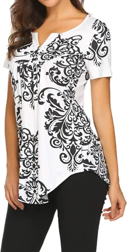 Vista 2 de Blusón plisado de manga corta con estampado floral y cuello Henley en V para mujer, con vuelo.