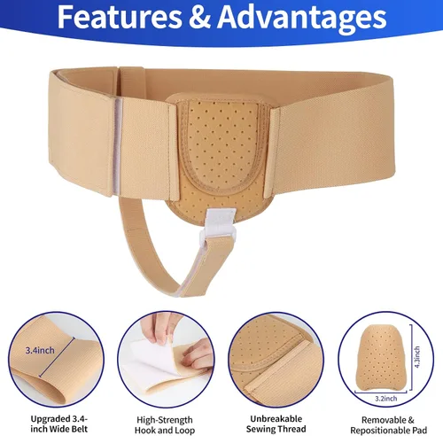 Vista 4 de Cinturones de hernia para hombres, cinturón de soporte de hernia inguinal con almohadilla de compresión extraíble, braguero de hernia ajustable