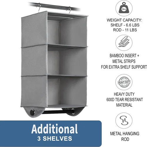 Vista 4 de HOLDN' STORAGE Organizador colgante de armario con barra de ropa, estantes colgantes de 3 estantes resistentes para ropa, suéteres y zapatos, unidad