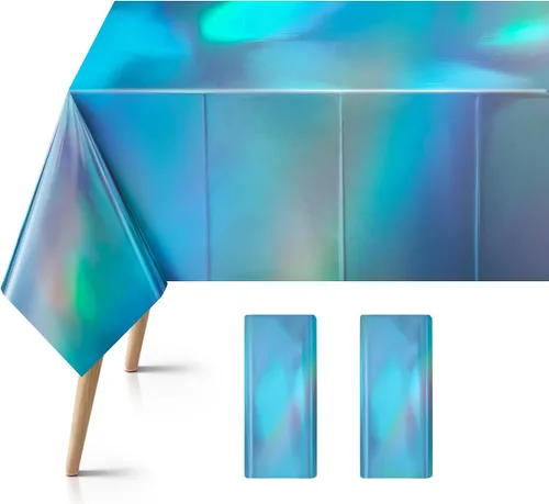 Vista 15 de 1 mantel de plástico iridiscente azul, desechable, brillante, de 54 x 72 pulgadas, mantel rectangular holográfico con láser, mantel de aluminio