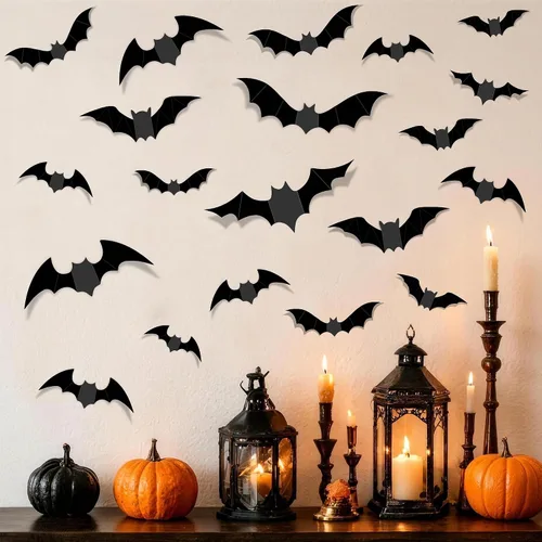 Vista 7 de encavy 68 piezas de decoración de pared de murciélagos, decoraciones de Halloween, calcomanías de murciélago 3D, decoración de Halloween, decoración