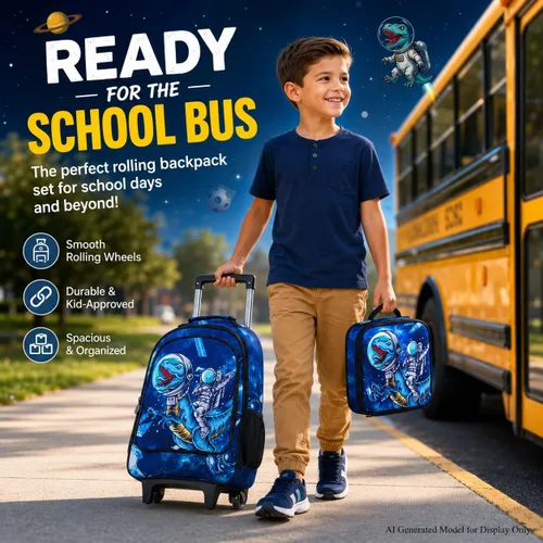 Vista 6 de Mochila rodante para niñas y niños, juego de 3 piezas con ruedas de diseño de unicornio o dinosaurio Dinosaurio astronauta.