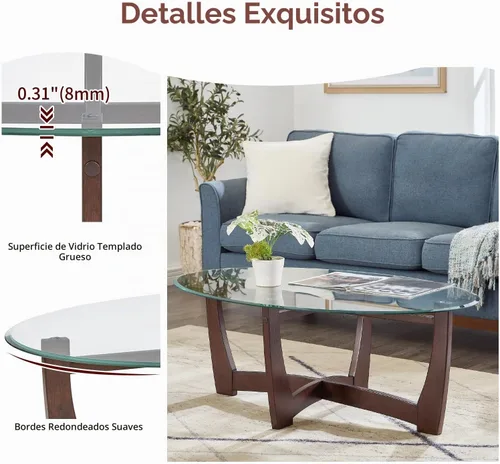 Vista 5 de Mesa de centro ovalada de vidrio de 48 pulgadas con cruz de vidrio templado y base de madera maciza, mesa central simple y moderna para sala