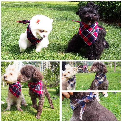Vista 7 de Pañuelo ajustable para perro, 1 bufanda triangular de algodón suave y lavable para perros y gatos pequeños, medianos y grandes (marrón y azul, S)