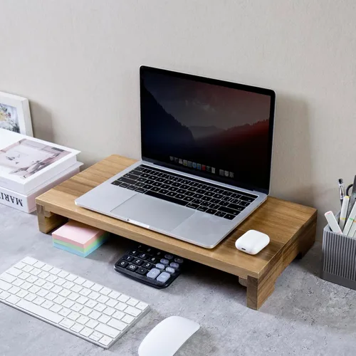 Vista 4 de MyGift Soporte de monitor de escritorio de madera maciza de acacia premium, elevador para laptop y almacenamiento de teclado, organizador